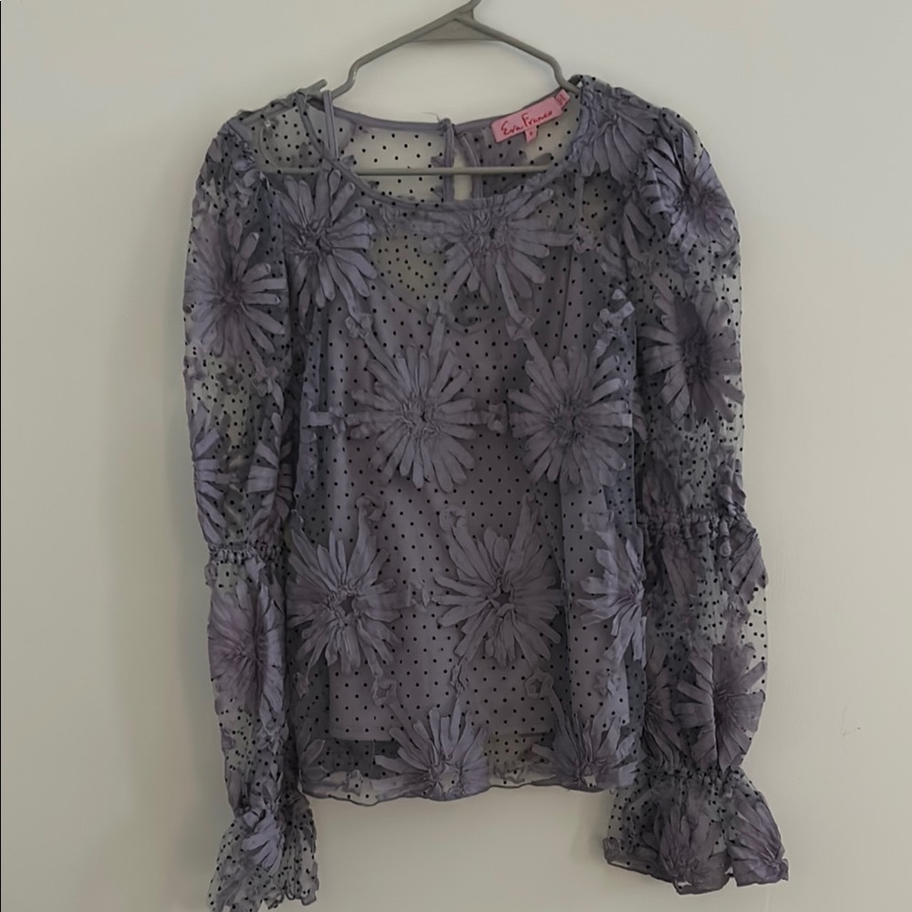 Eva Franco Purple Long Sleeve Bell Sleeve Blouse with Ruffled Graphic Design